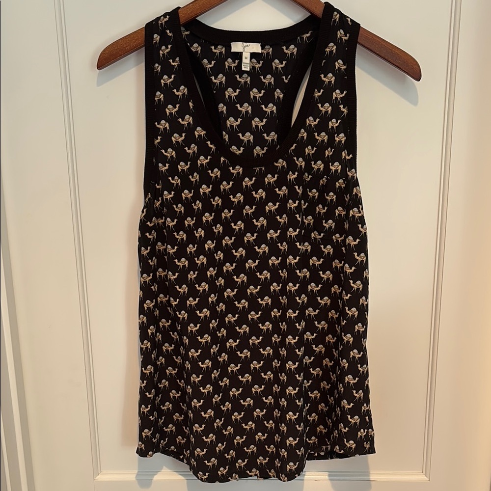 Joie Alicia 100% silk racerback tank top blouse with camel print in caviar color